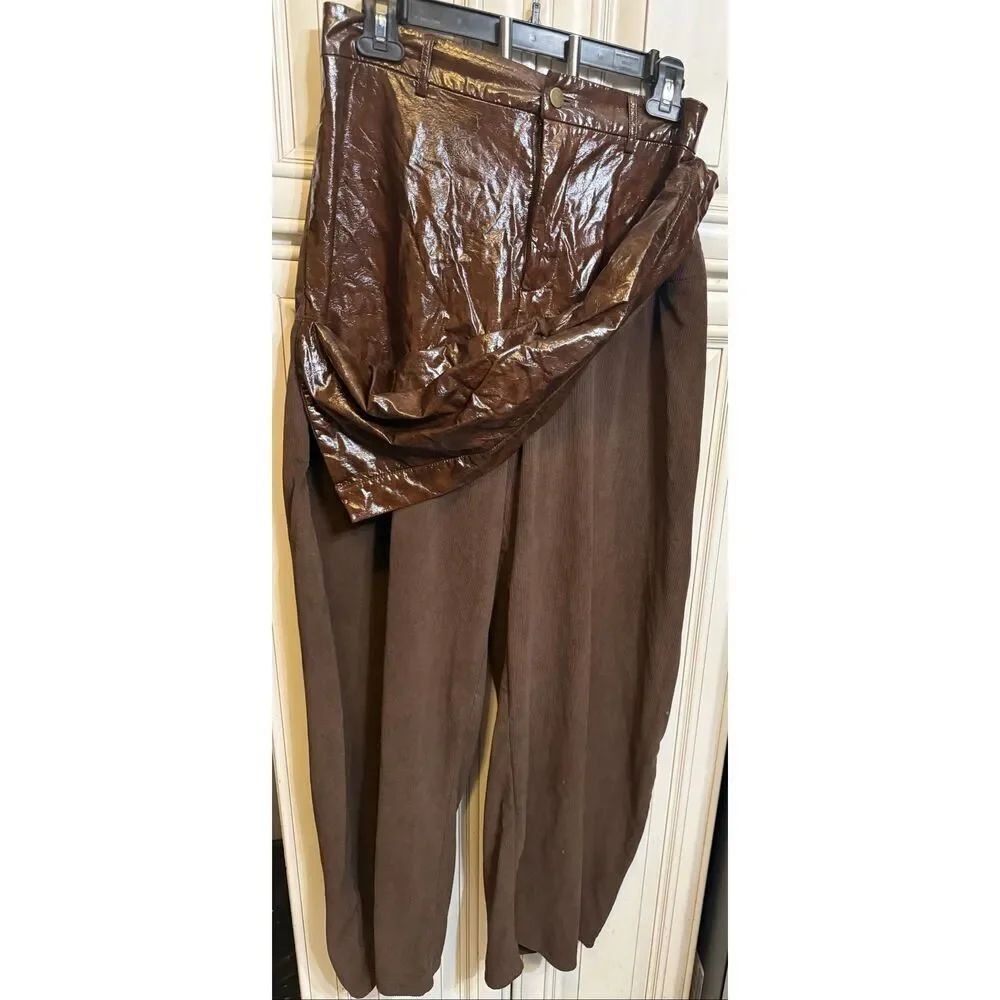 Micas Womens Faux Leather Patchwork Zipper Wide Leg Barrel Trousers Coffee Large